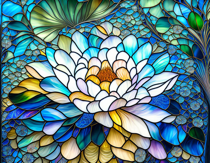 Vibrant stained glass style flower illustration in blue, green, and yellow