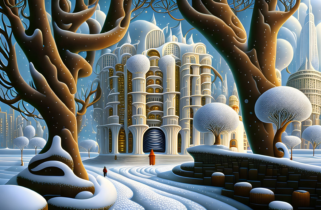 Detailed Winter Cityscape with Spherical Buildings and Figures Strolling
