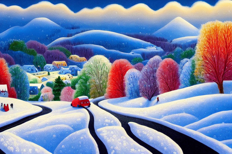 Vibrant painting of snowy landscape with red car and autumn trees