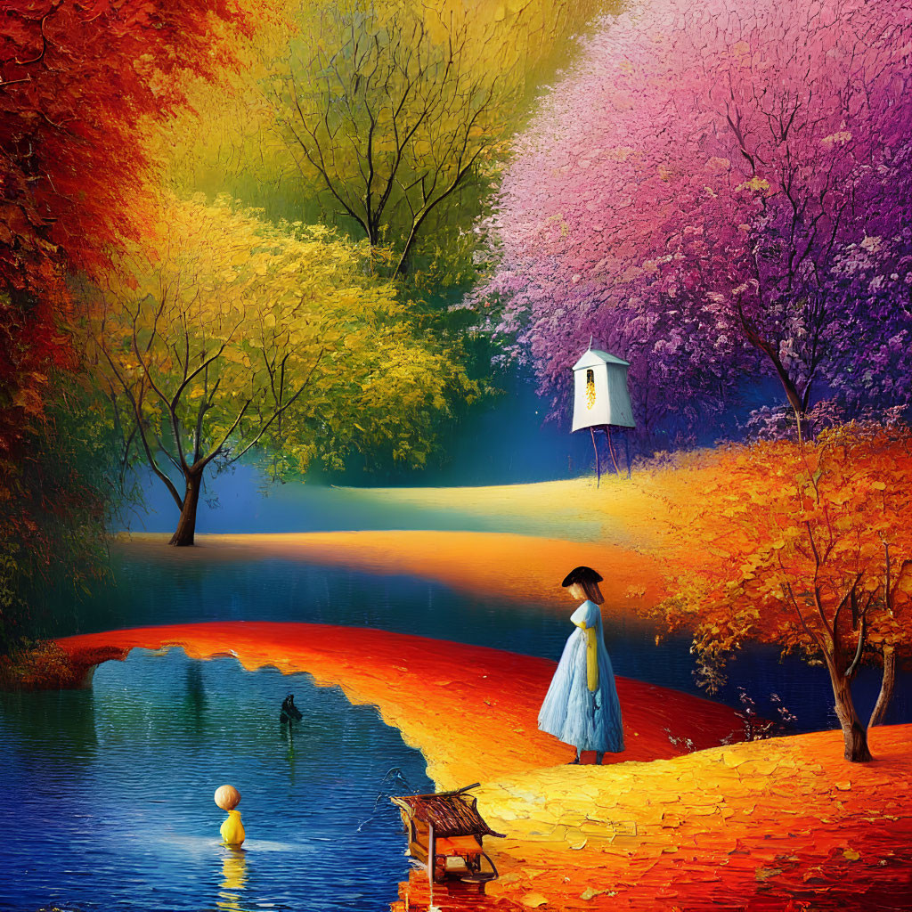 Person in Blue Dress by Colorful Autumn Lake with Birdhouse