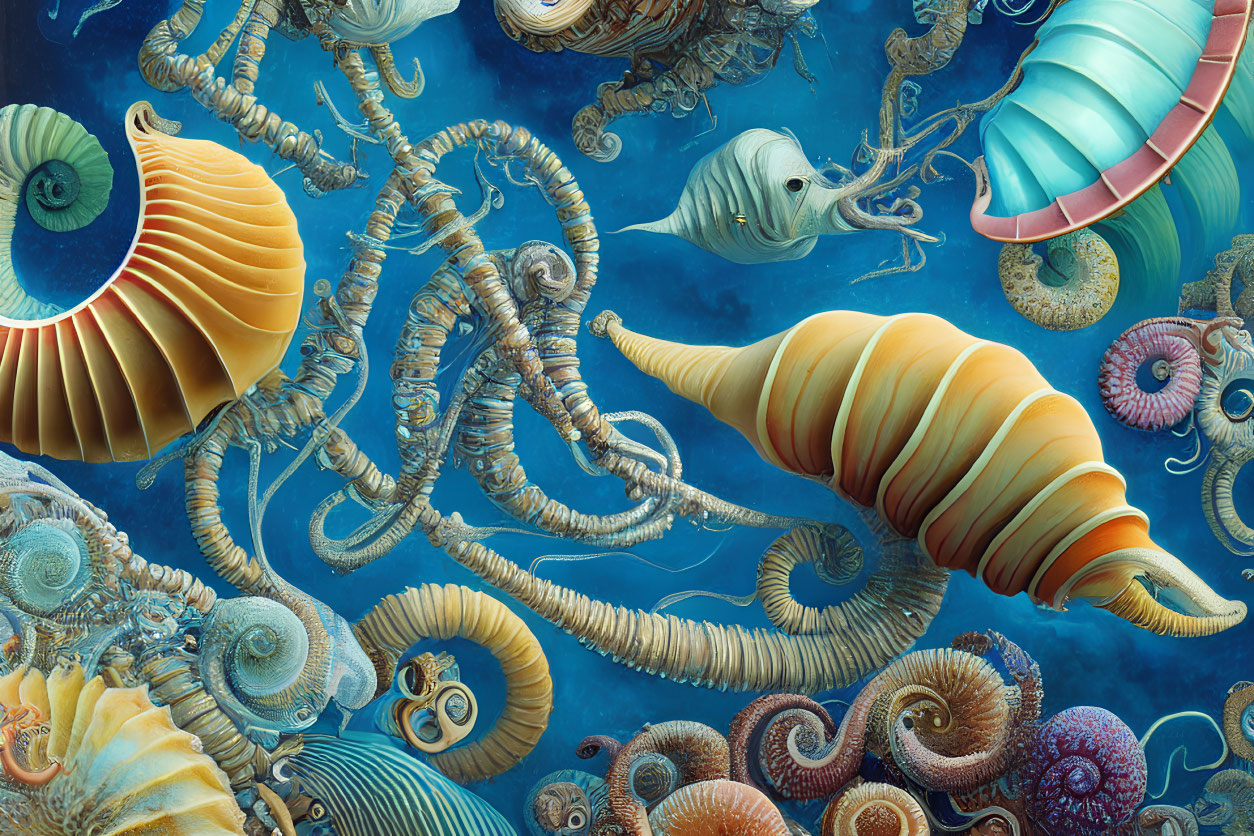 Vibrant spiral-shelled creatures in deep blue sea