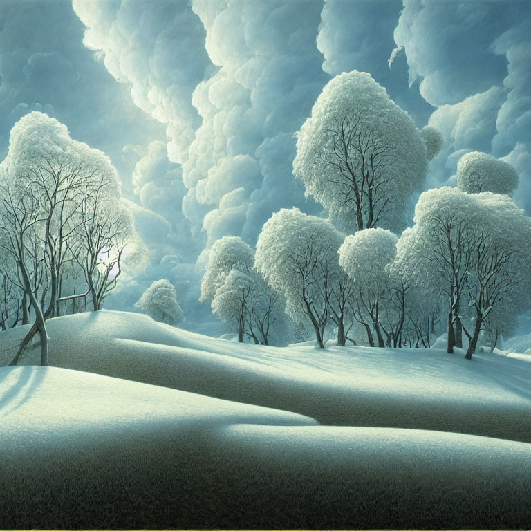 Snowy landscape with snow-covered trees and hills under cloudy sky