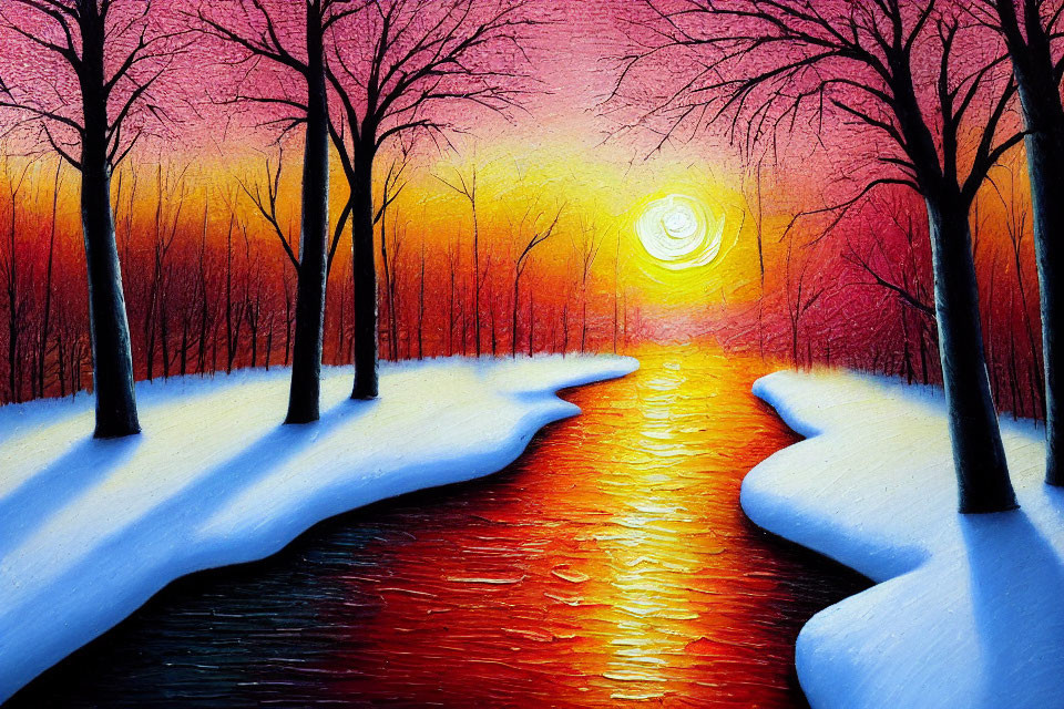 Scenic painting of sunset over snowy landscape with river reflection