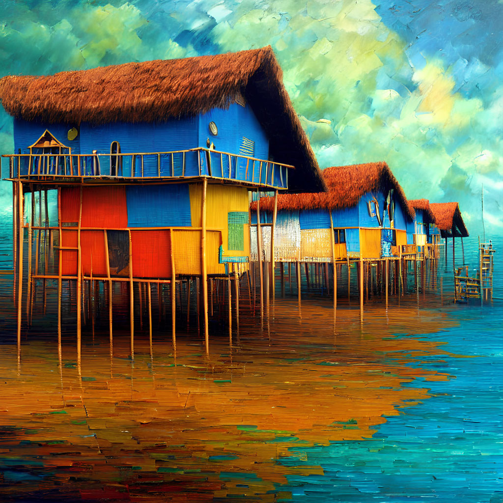 Vibrant Thatched Roof Stilt Houses Reflecting on Calm Water