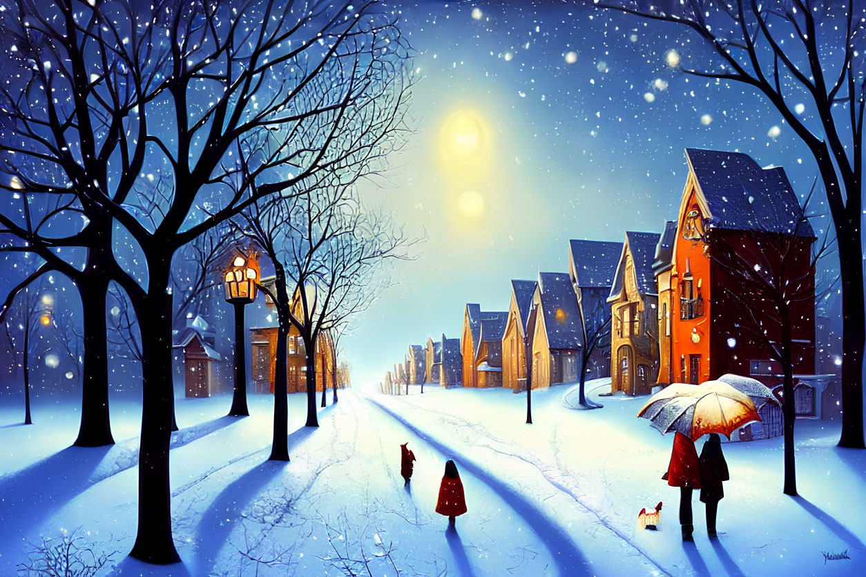 Snowy Street Scene with Glowing Streetlamps and Person Walking Dog