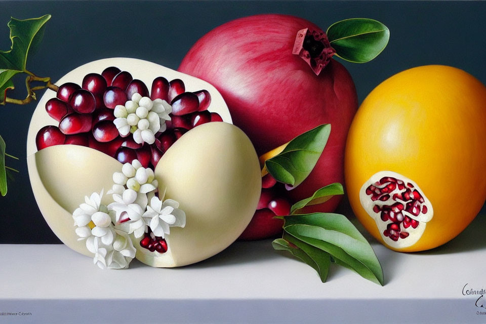 Classic still life painting with pomegranates, sliced apple, flowers, and yellow fruit