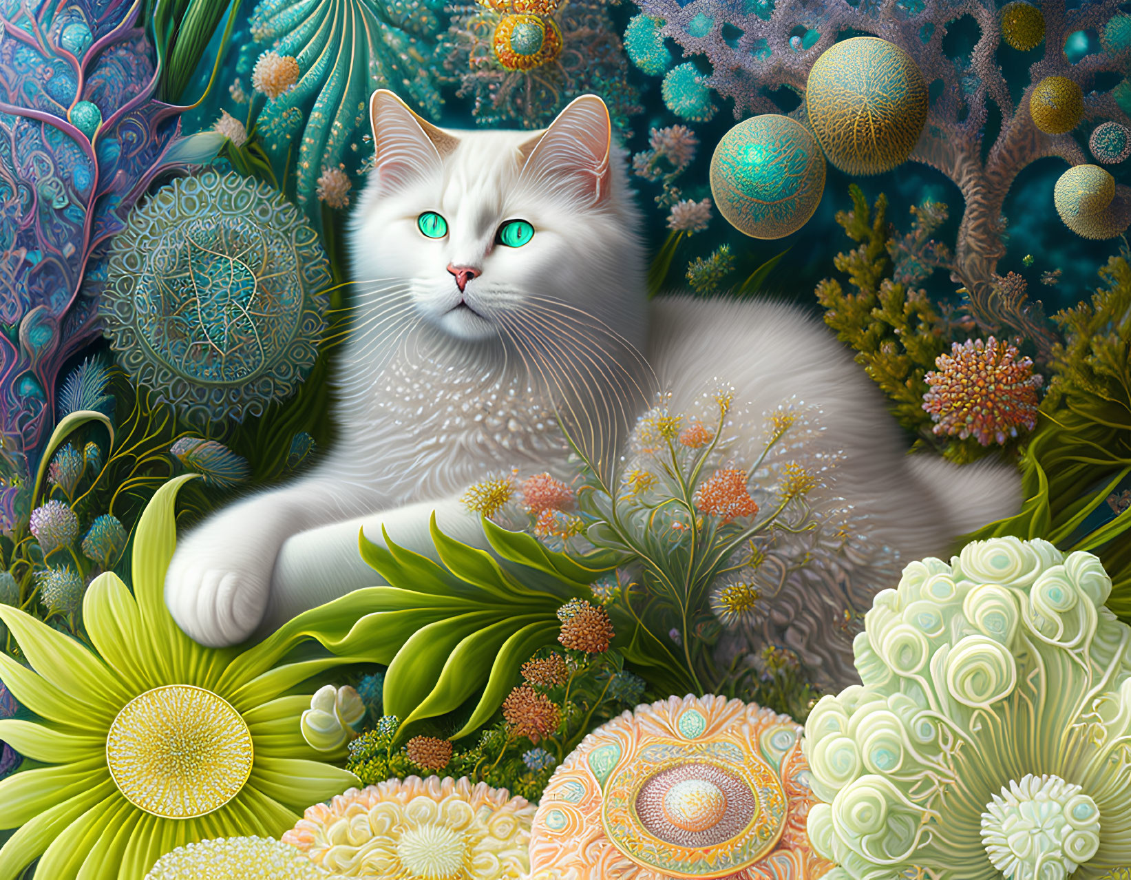 White Cat with Green Eyes Resting in Vibrant Floral and Fractal Patterns