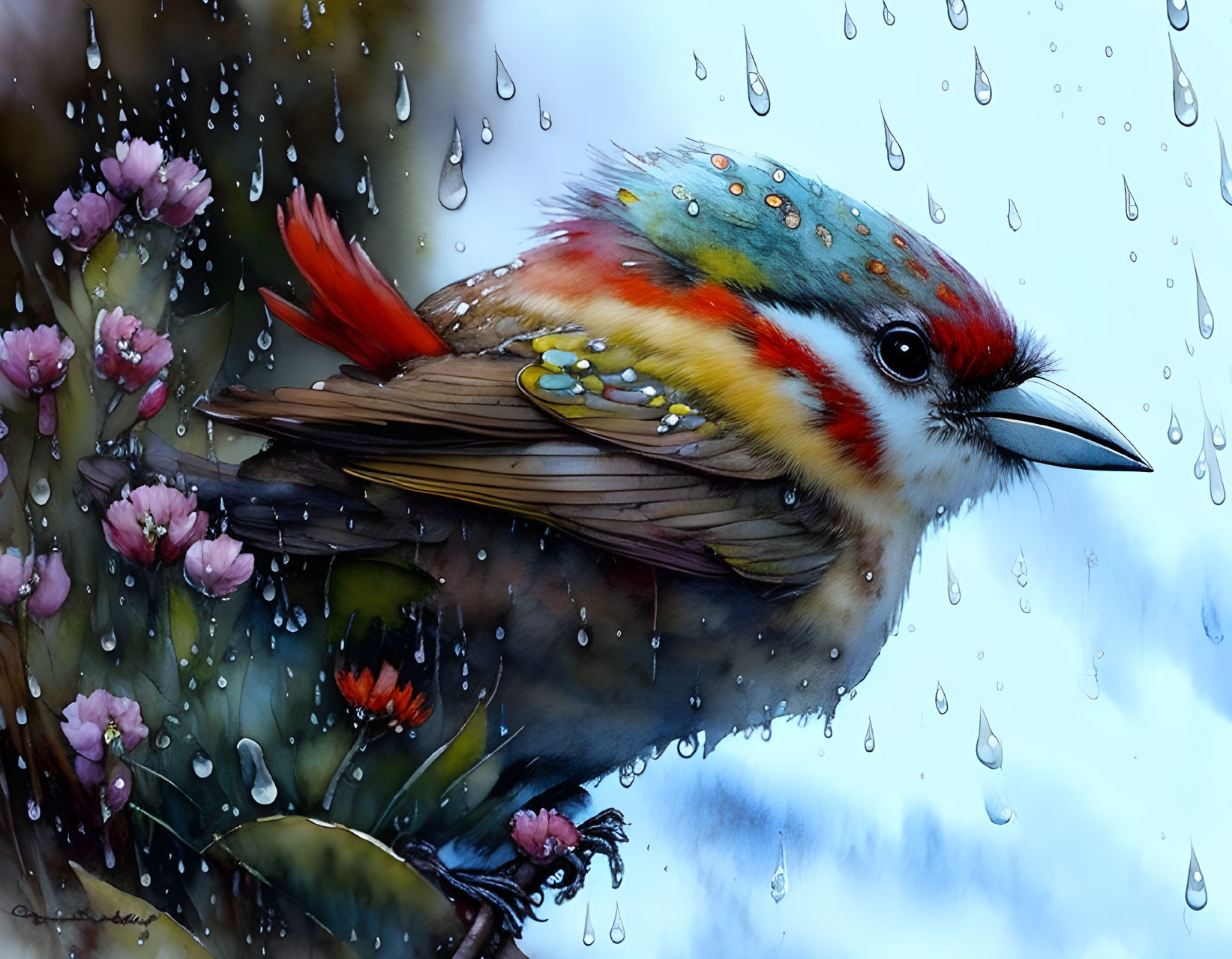 Vibrant bird on branch with colorful feathers and pink blossoms in rain.
