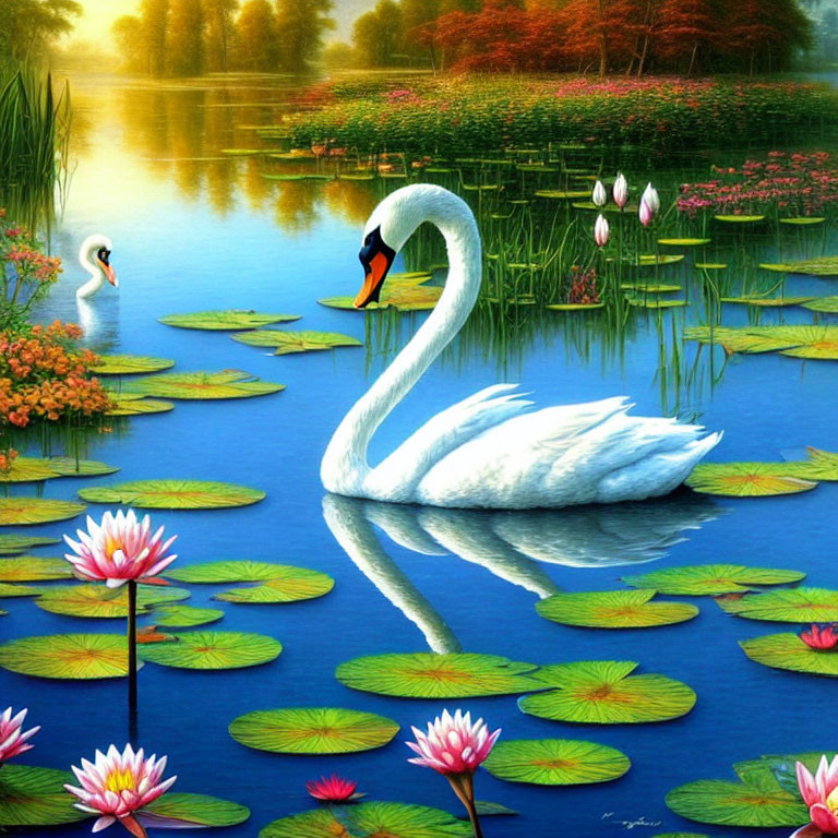 Tranquil white swan on blue lake with lotus flowers