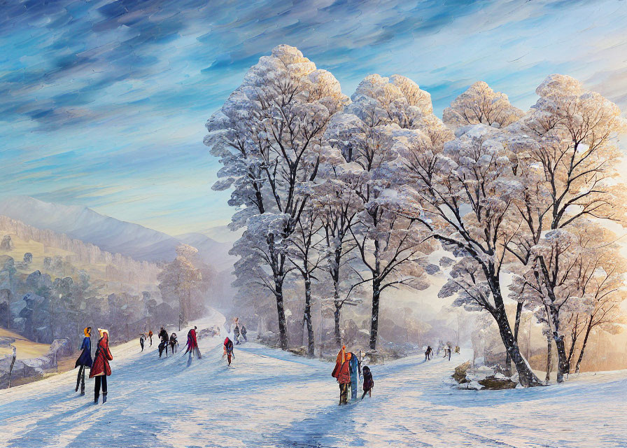 Snowy landscape with people walking and sledging among frost-covered trees