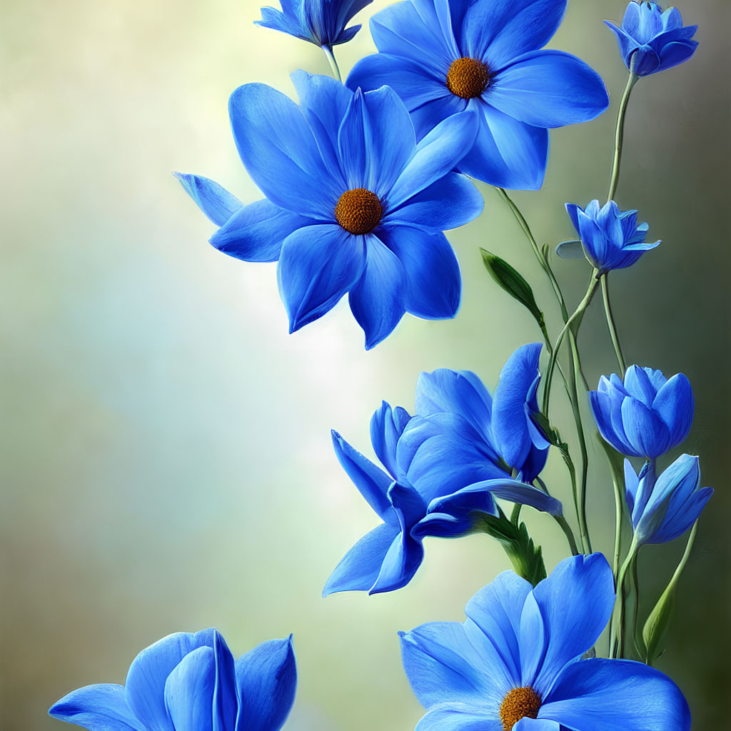 Detailed blue flowers with golden centers on soft green and beige backdrop