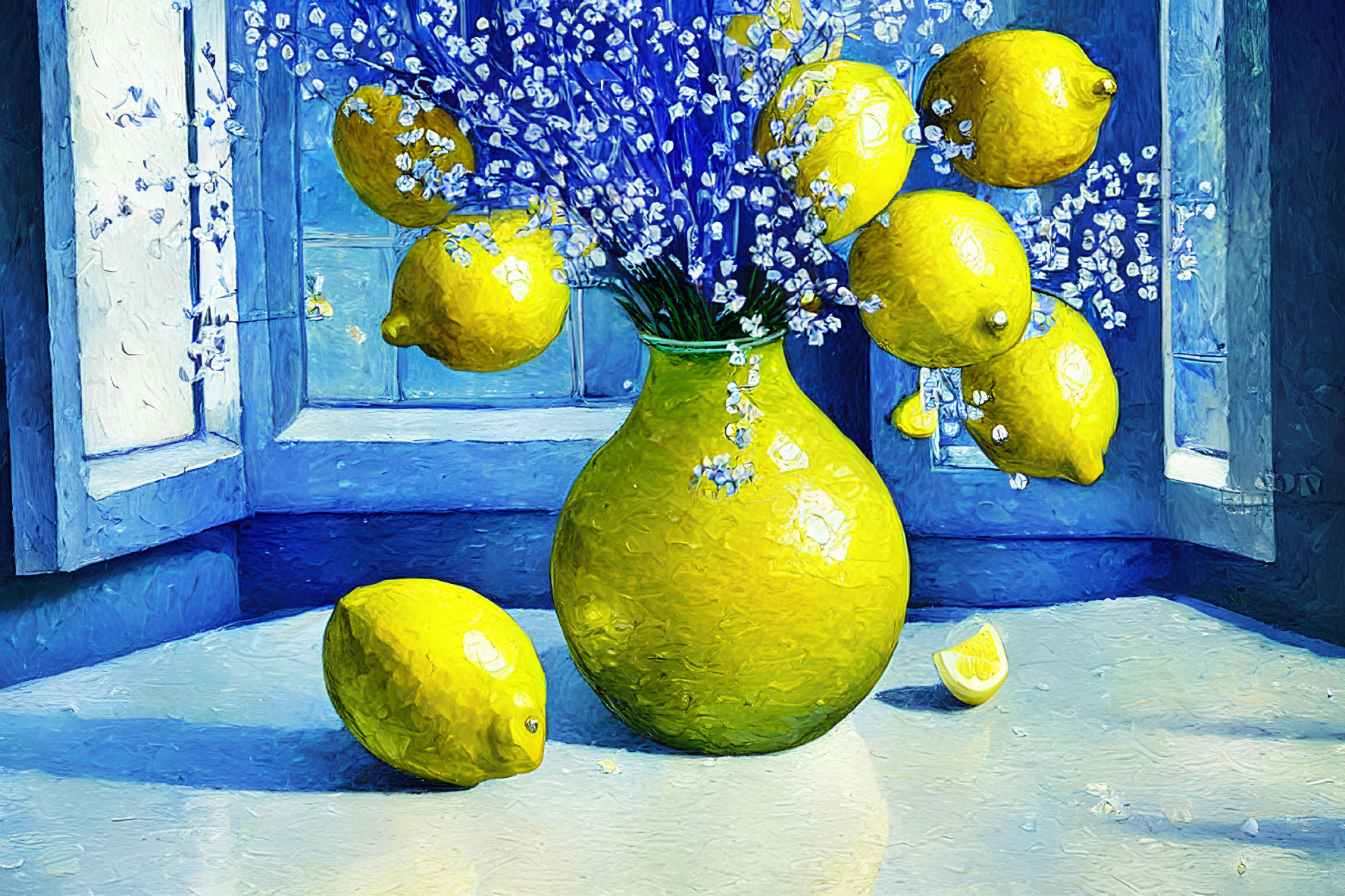 Bright Yellow Lemons and Blue Flowers on Windowsill in Sunlight