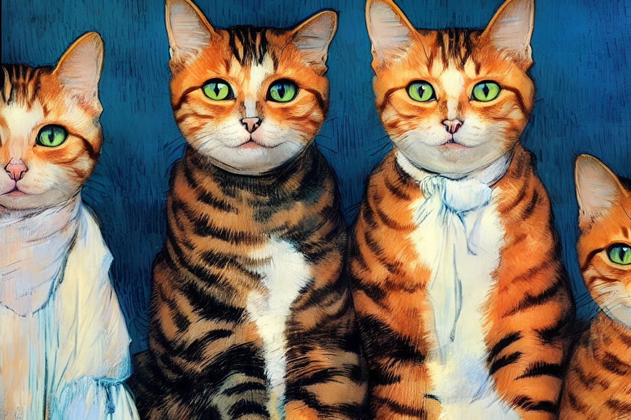 Stylized painting: Four cats in human-like bodies with clothes on blue background