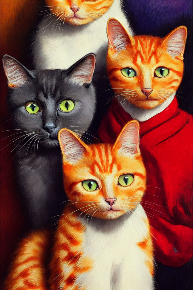 Realistic colorful cats with expressive eyes in various shades.