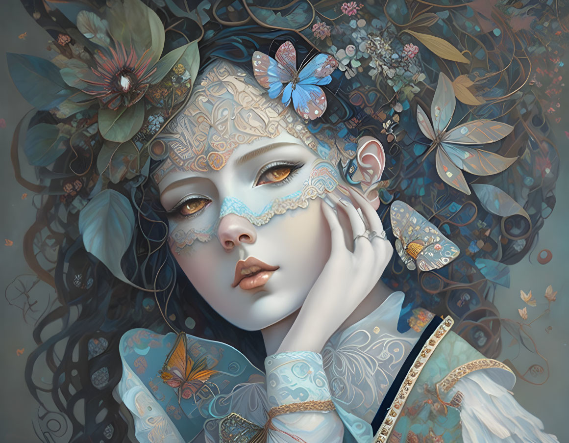Illustrated portrait of woman with ornate mask, butterflies, flowers on blueish-grey background