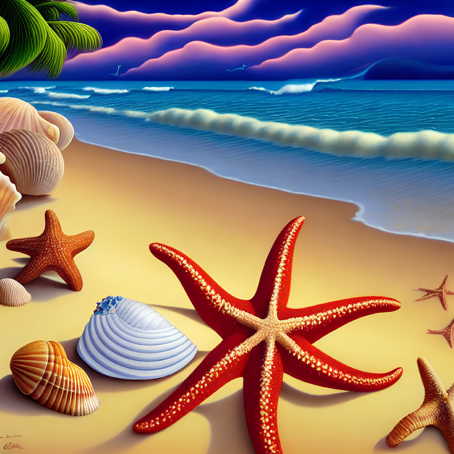 Tropical beach scene with starfish, shells, palm trees, and serene ocean at dusk