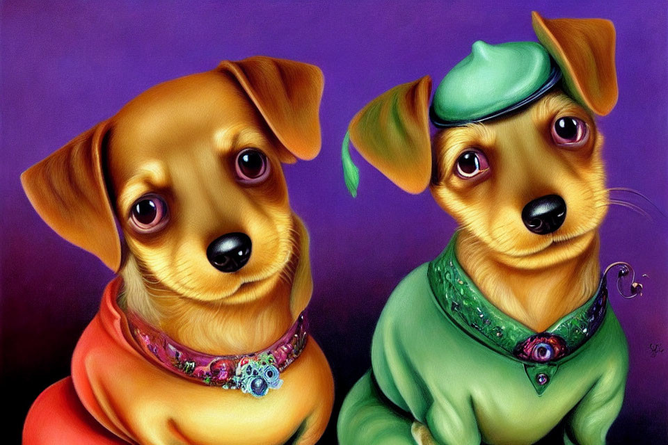 Stylized cartoonish dogs with human-like eyes in colorful outfits