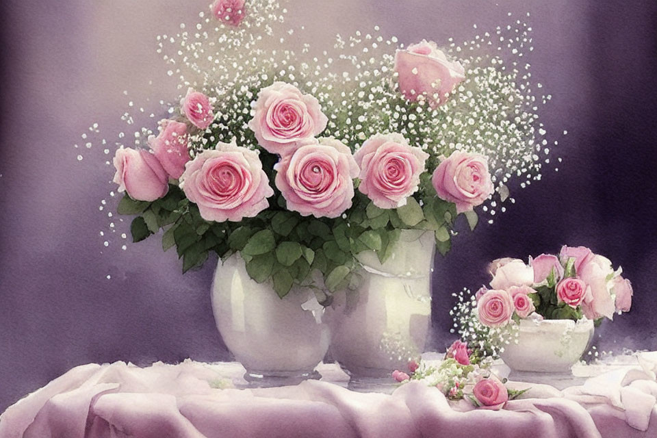 Pink roses in white vases on draped cloth with scattered petals - tranquil and romantic ambiance