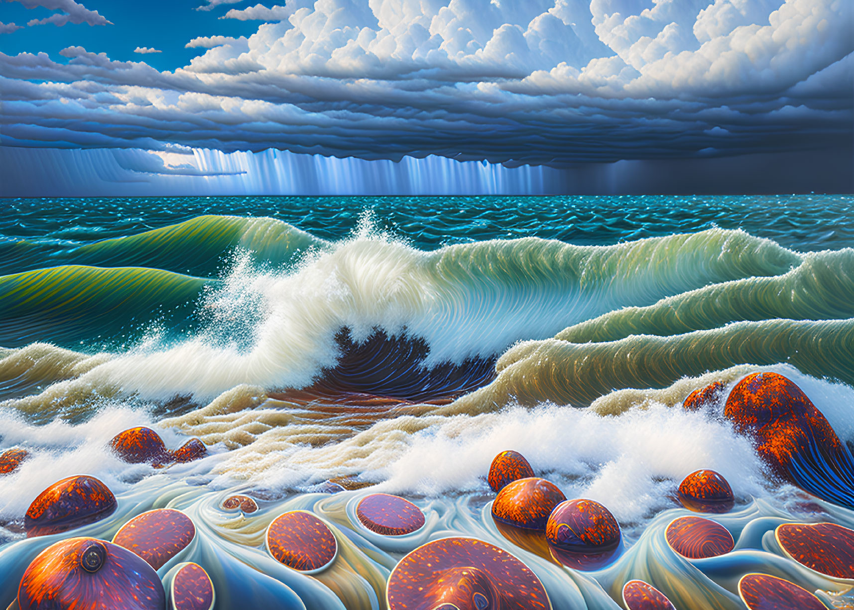 Surreal seascape with cosmic sky, planets, and shell-like spheres