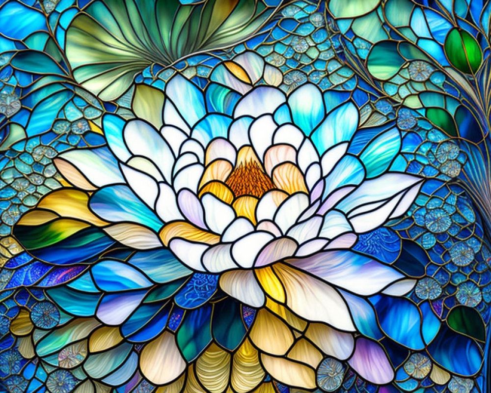 Vibrant stained glass style flower illustration in blue, green, and yellow