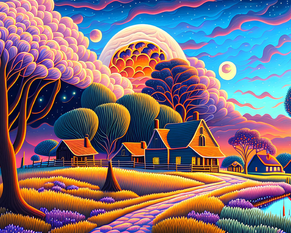 Colorful Landscape with Whimsical Trees, Moon, Houses, and Floral Path