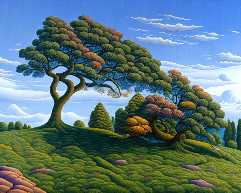 Whimsical painting of verdant hills and full-canopied trees