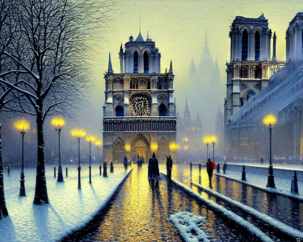 Snowy Evening Scene: People near Gothic Cathedral, Glowing Lamps & Reflective Pathway