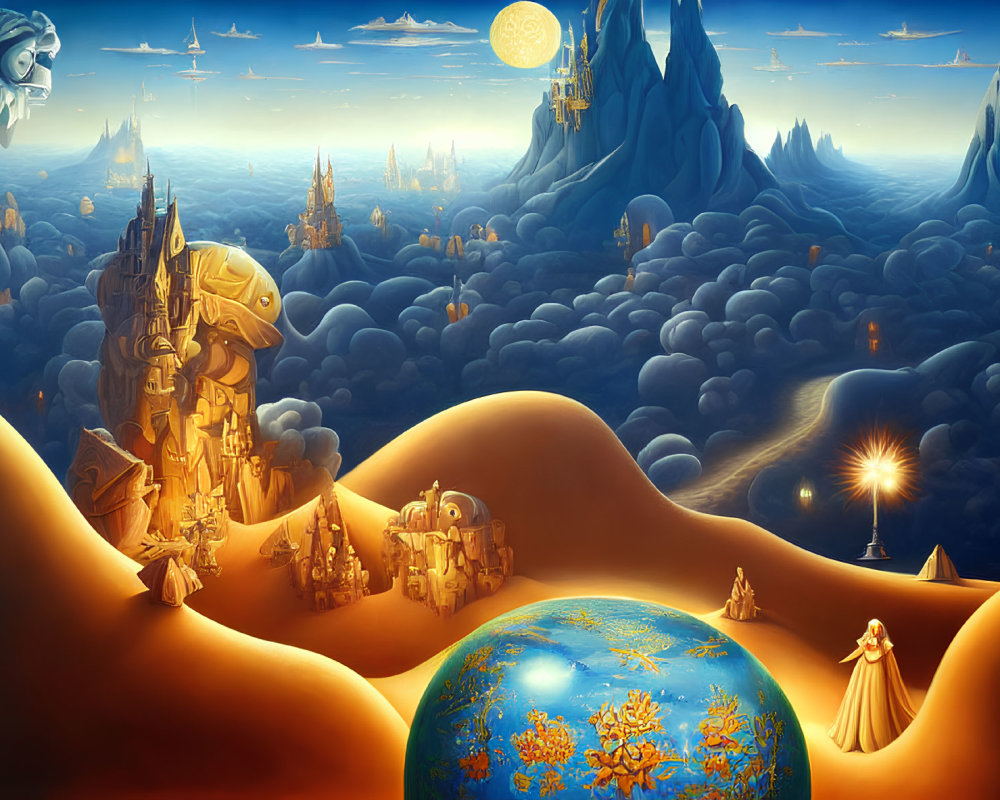 Fantastical landscape with illuminated castles, floating islands, and vibrant earth-like orb under celestial sky