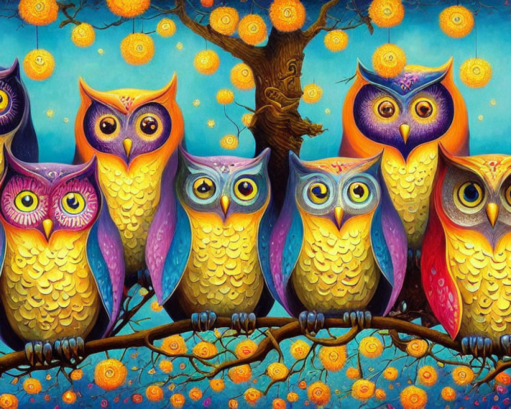 Vibrant illustration: Seven whimsical owls on branch, blue background with yellow orbs