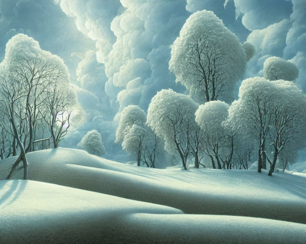 Snowy landscape with snow-covered trees and hills under cloudy sky