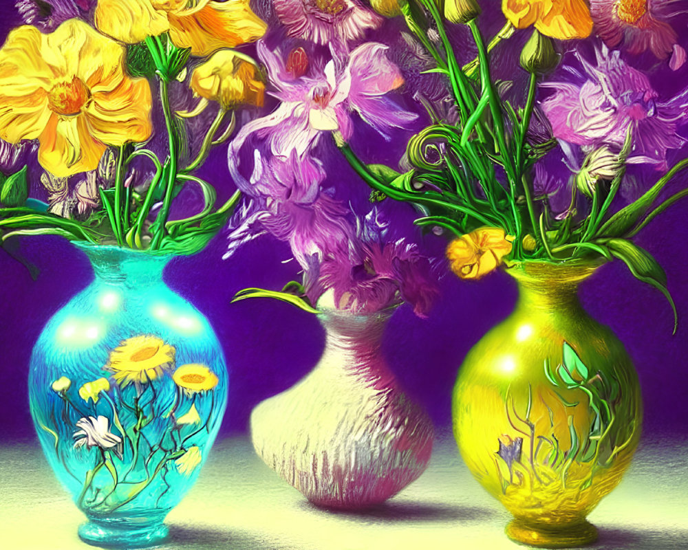 Colorful Flowers in Three Vibrant Vases: Blue with Daisies, White with Pink Blo