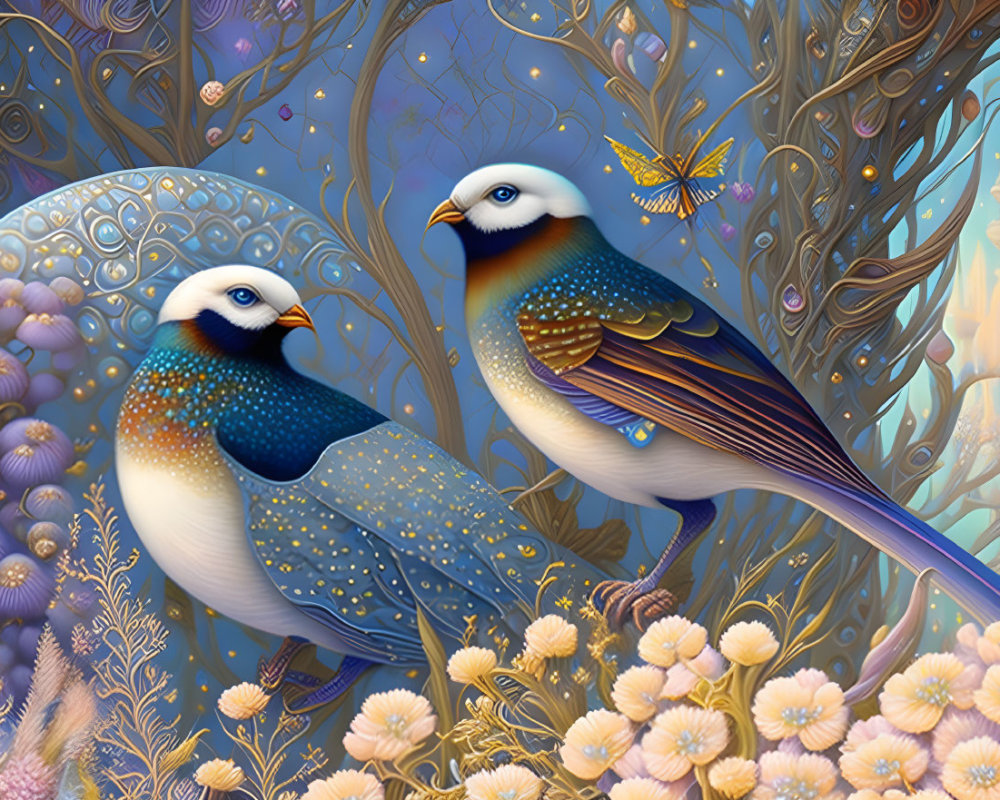 Ornate fantasy birds with vibrant plumage in whimsical floral scene