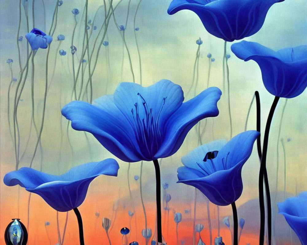 Colorful Oversized Blue Flowers Painting with Whimsical, Surreal Atmosphere