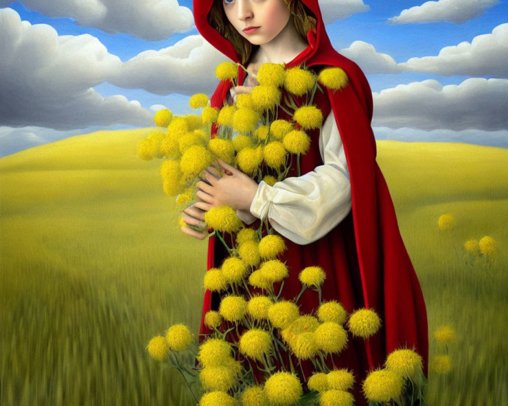 Girl in Red Hooded Cloak with Yellow Flowers in Field under Blue Sky