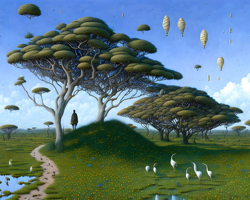 Surreal landscape with umbrella-shaped trees and floating islands