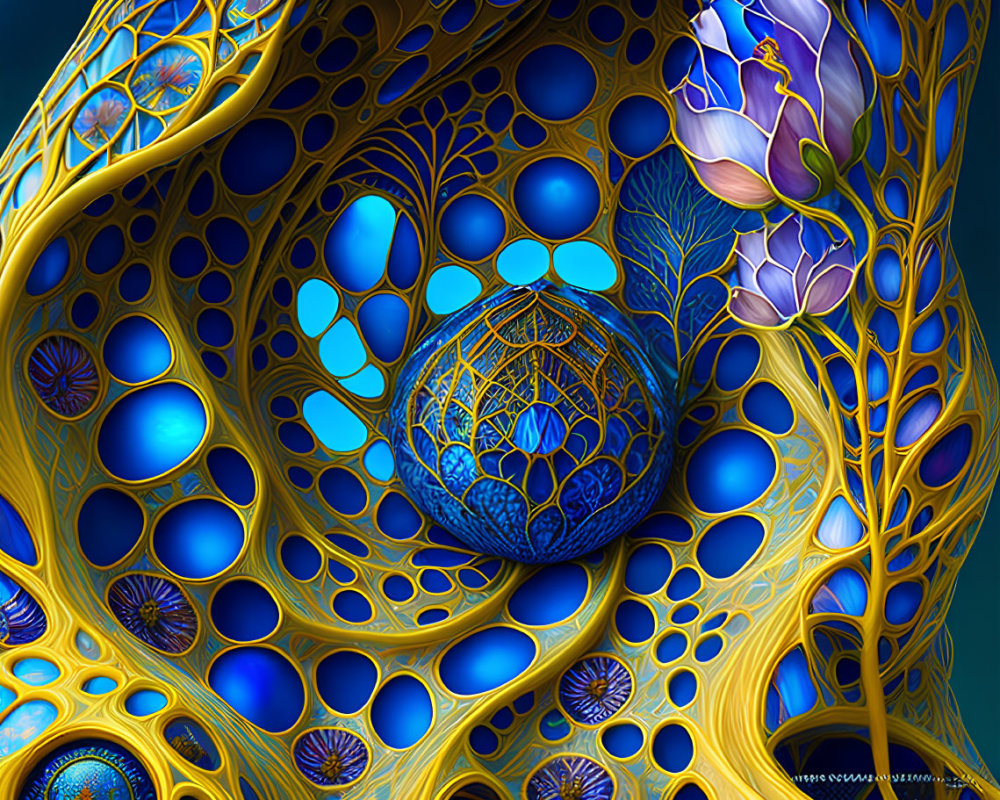 Intricate Blue and Gold Digital Art with Cellular and Floral Motifs