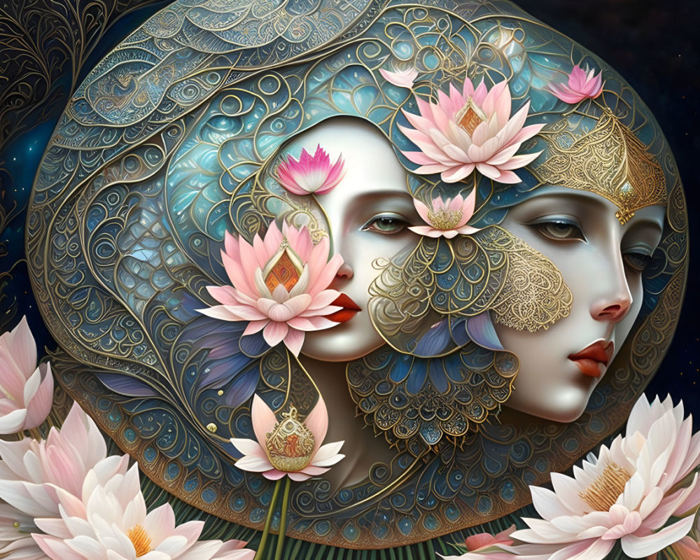 Intricate Artwork: Serene Female Face with Ornate Headdress & Lotus Flowers