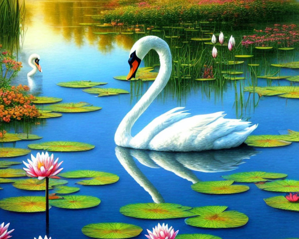 Tranquil white swan on blue lake with lotus flowers