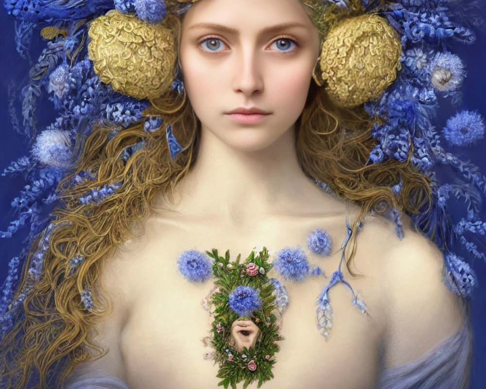 Woman with Blue and Gold Flower Adornments and Berry Wreaths in Hair