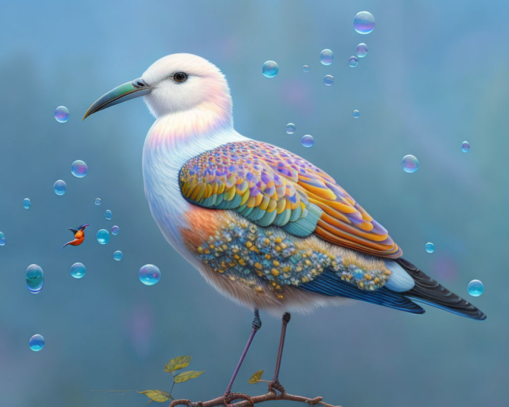Colorful fantastical bird on twig with iridescent feathers and floating bubbles