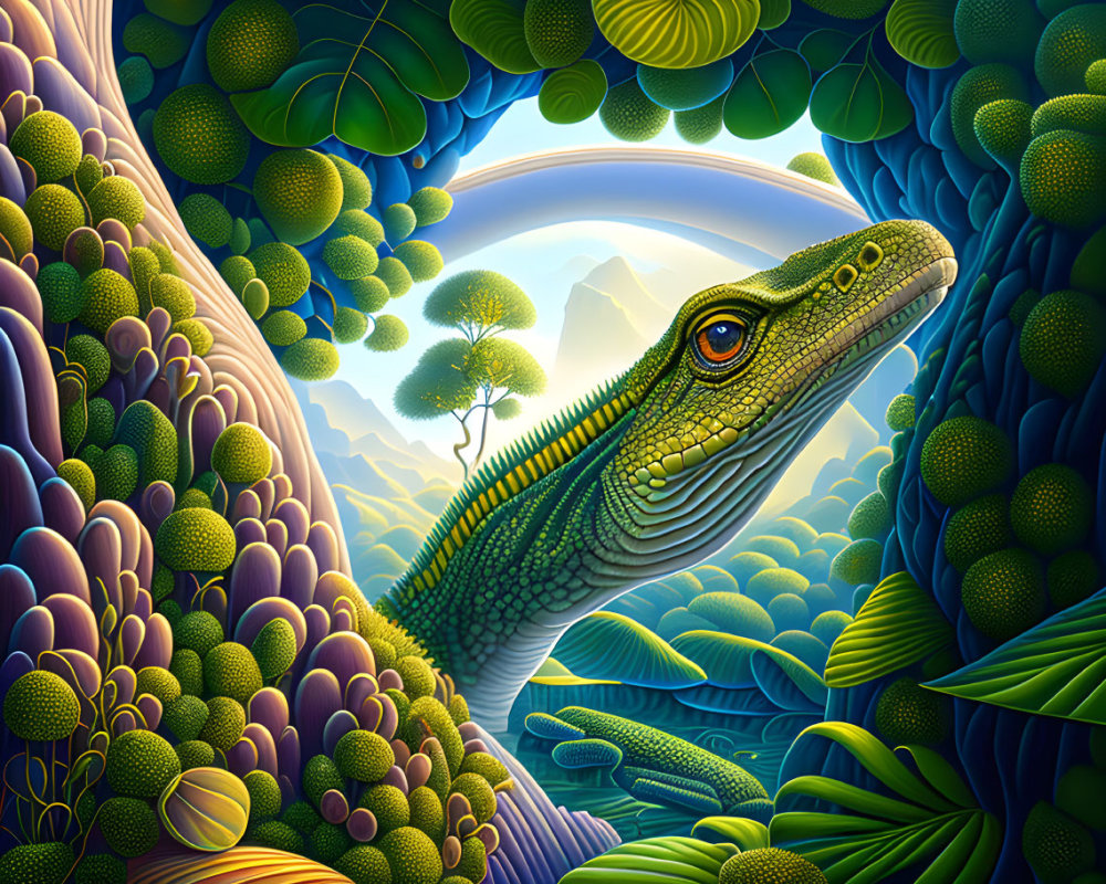Colorful Stylized Image: Green Lizard in Fantasy Landscape