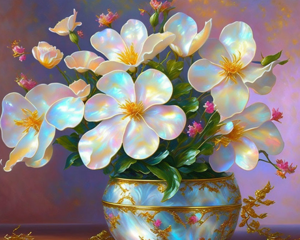 Iridescent White Flowers in Blue and Gold Vase