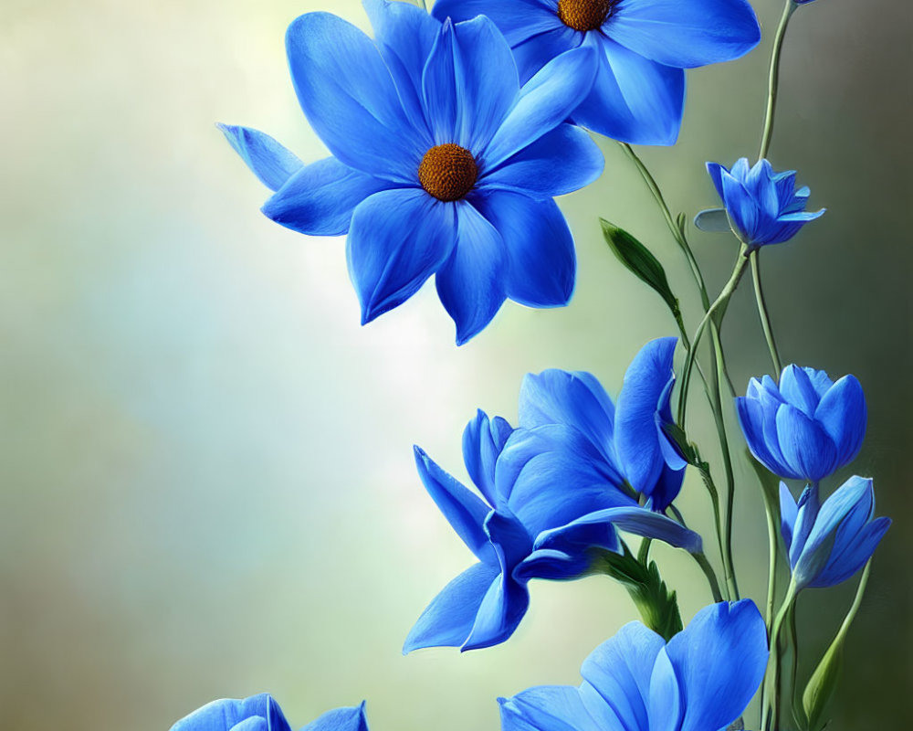 Detailed blue flowers with golden centers on soft green and beige backdrop