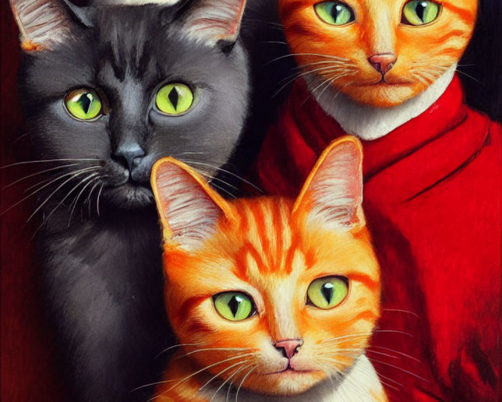 Realistic colorful cats with expressive eyes in various shades.