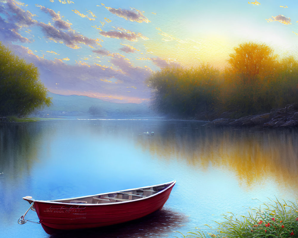 Tranquil sunset river scene with red boat, lush greenery, and vibrant sky