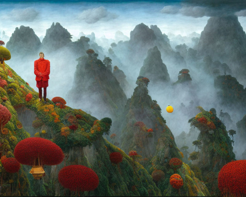 Vibrant oversized mushrooms in surreal landscape with solitary figure