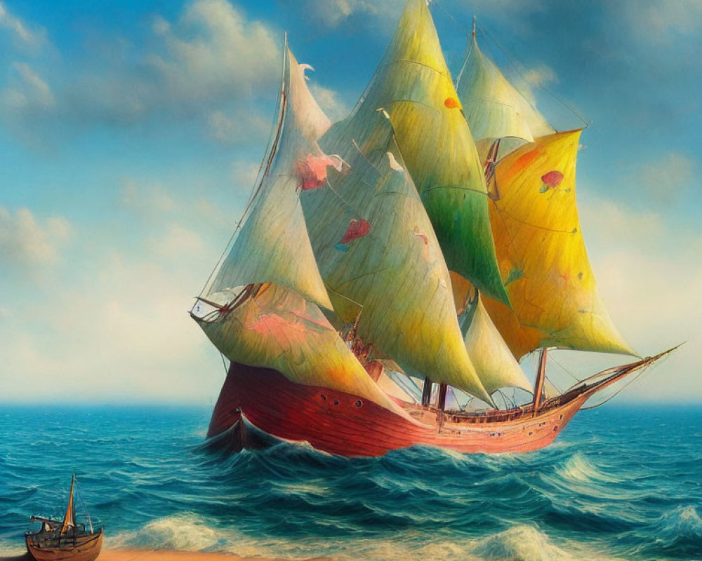 Colorful painting of red sailing ship with yellow sails on blue ocean under cloudy sky
