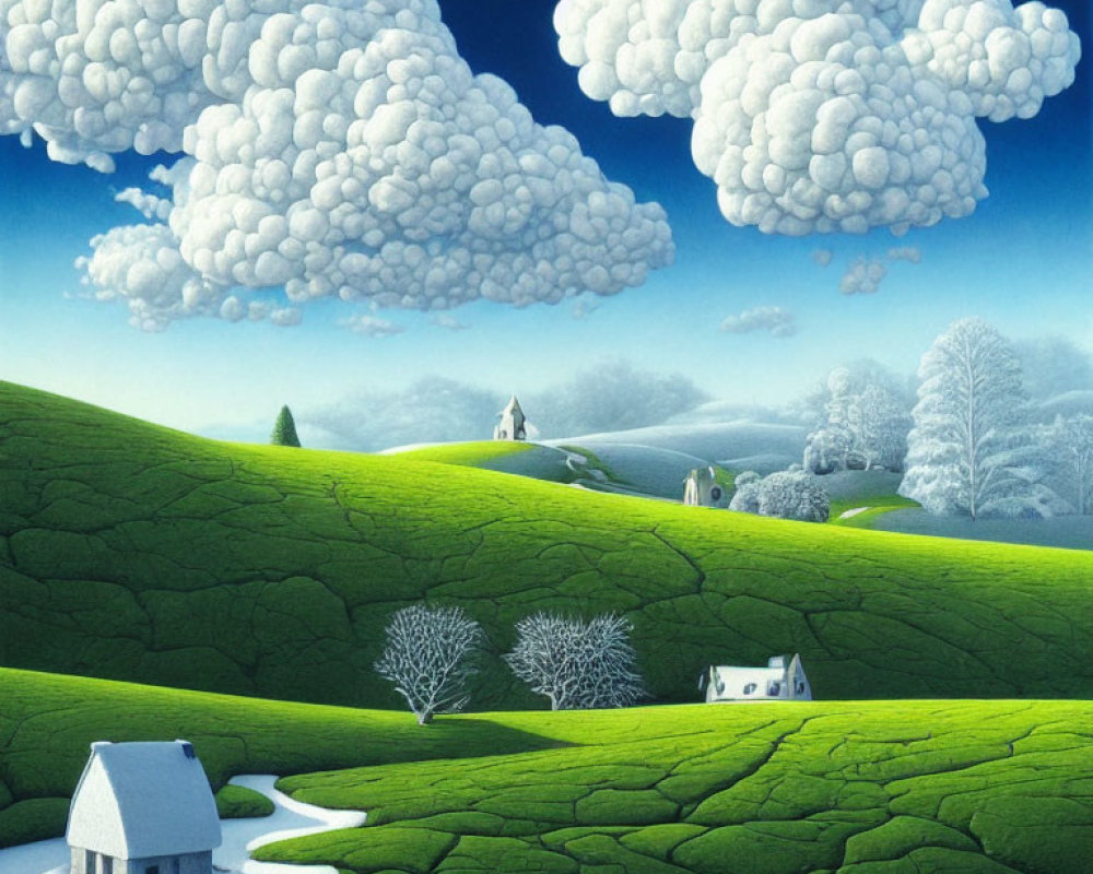 Surreal Landscape with Clouds, Hills, Stream & Houses
