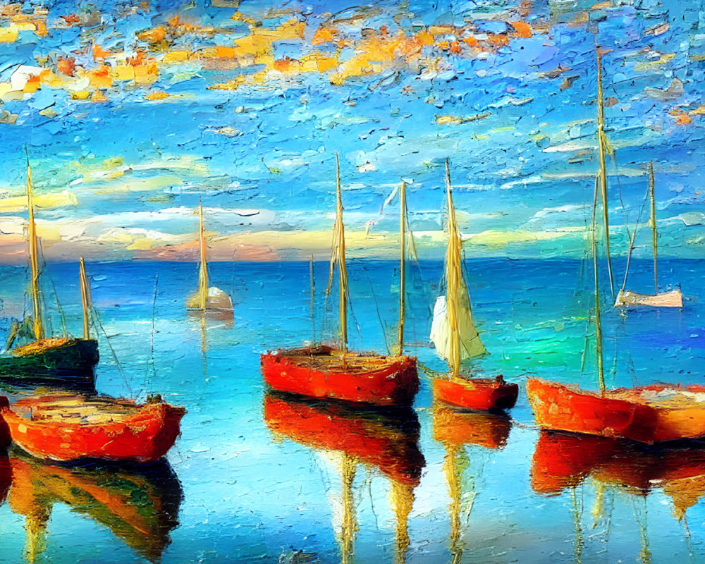 Colorful Oil Painting of Sailboats on Tranquil Water with Cloud-Filled Sky