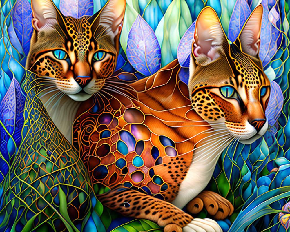 Colorful Stylized Felines on Floral Background with Stained-Glass Effect
